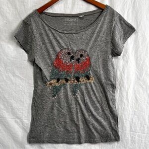 French Connection Jeans Sequins Beaded Love Birds Tee Shirt M Grey Poly Cotton